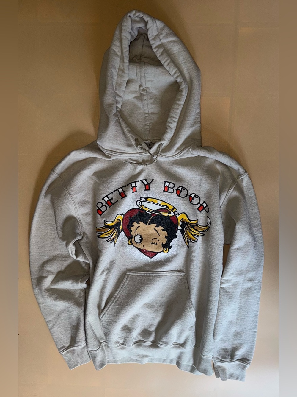 Betty Boop Ripple Junction Tan Graphic Hoodie Lil Angel Wings Sweatshirt Small